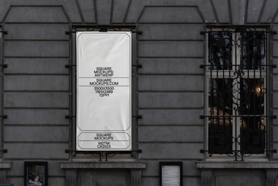 Urban banner mockup on building facade for outdoor advertising design, high-resolution 3500x3500px, realistic textures, design asset.